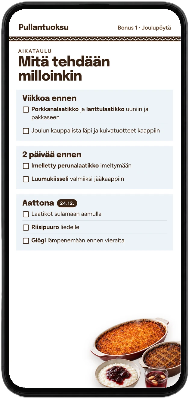 Joulupöydän aikataulu puhelimessa: viikkoa ennen, 2 päivää ennen ja aattona