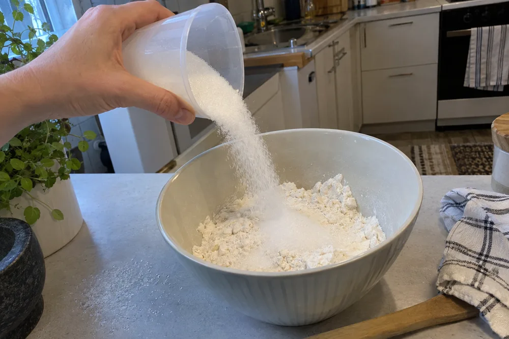 Desilitramitallinen makeutusainetta kaadetaan jauhojen joukkoon